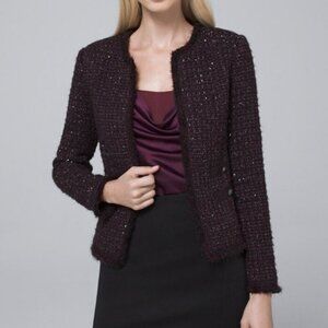 White House Black Market Tweed Double Breasted Blazer Size 8 Plum Metallic